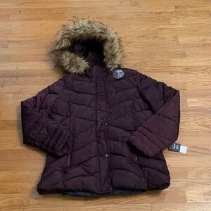 Madden Girl Burgundy Puffer Coat with Faux Fur Trim